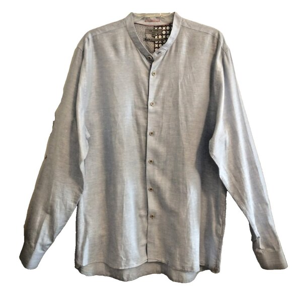 TED BAKER Mens Linen Blend Button Up Collarless Roll Tab Shirt Blue - 7 (3XL) - Picture 1 of 9